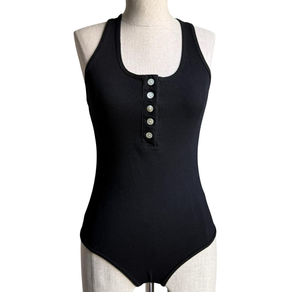 Reoria Black Ribbed Button Front Bodysuit Size Medium